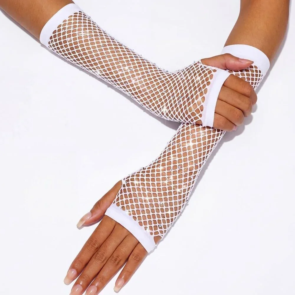 Women's Fingerless Rhinestone Sparkly White Rave Mesh Gloves Fishnet Party Prom